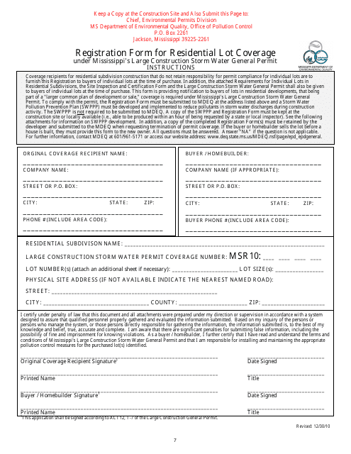 Registration Form for Residential Lot Coverage Under Mississippi's Large Construction Storm Water General Permit - Mississippi Download Pdf