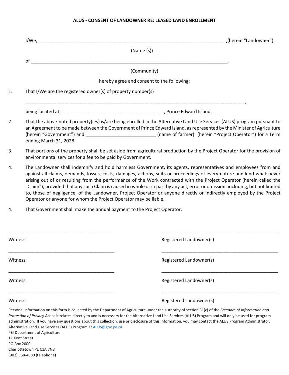 Alus - Consent of Landowner Re: Leased Land Enrollment - Prince Edward Island, Canada, Page 1