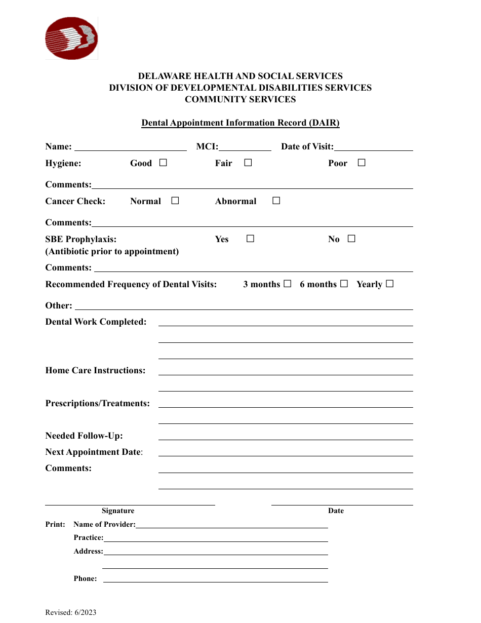 Dental Appointment Information Record (Dair) - Delaware, Page 1
