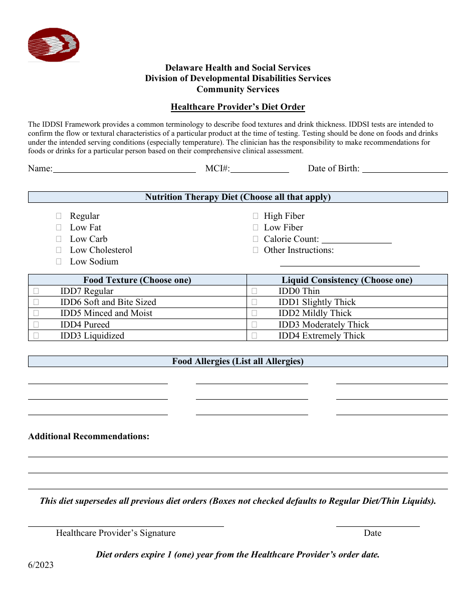 Healthcare Providers Diet Order - Delaware, Page 1