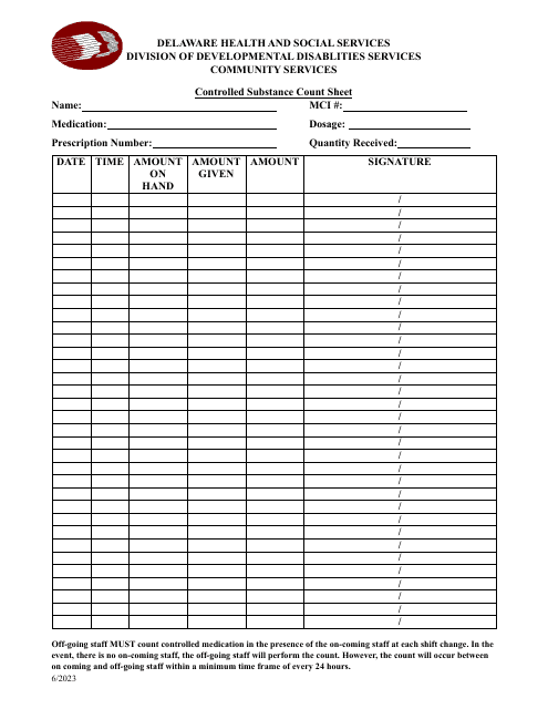 Controlled Substance Count Sheet - Delaware Download Pdf