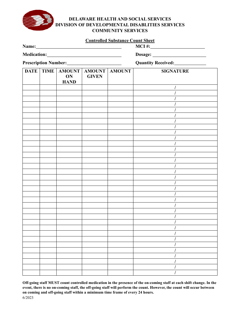 Controlled Substance Count Sheet - Delaware, Page 1
