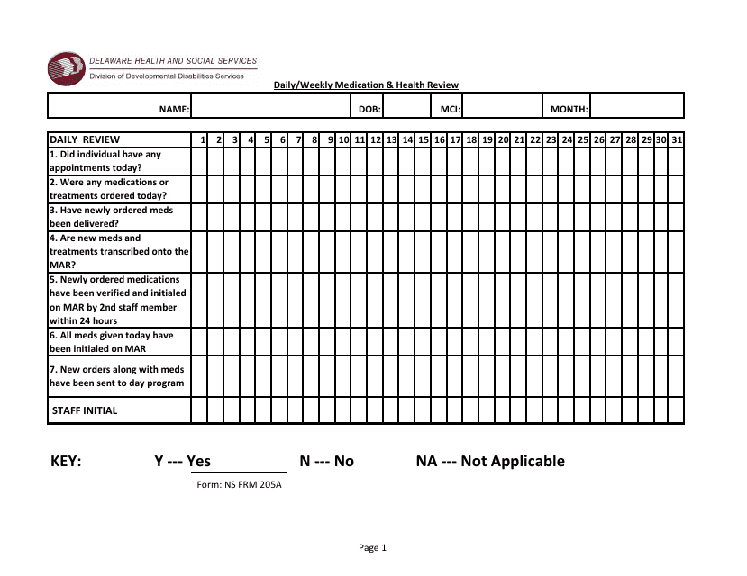 Form NS FRM205A Daily/Weekly Medication & Health Review - Delaware