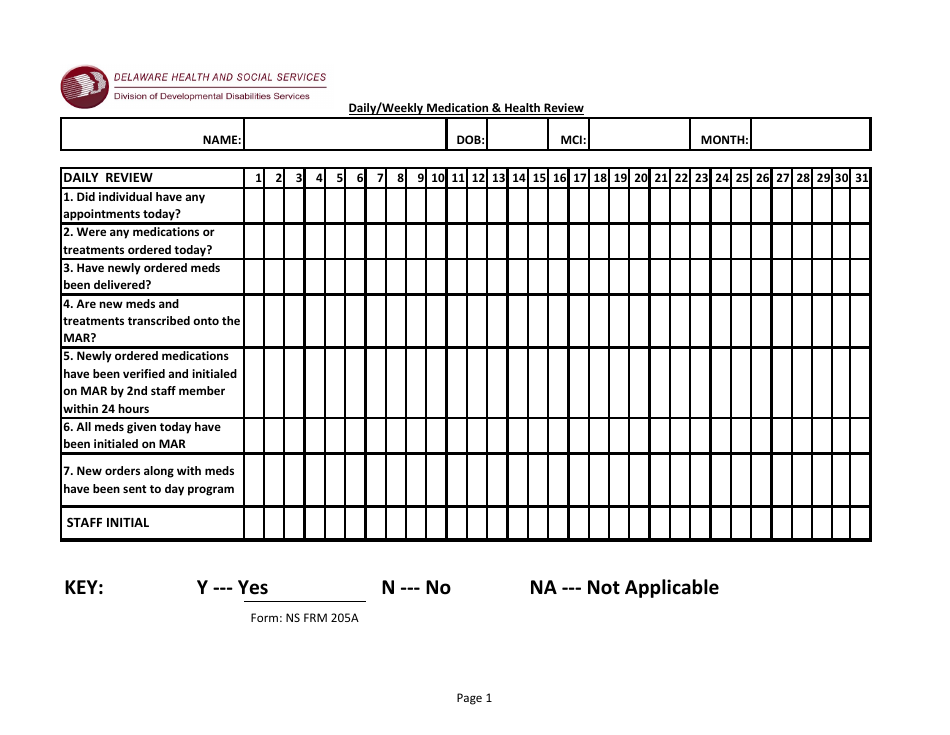 Form NS FRM205A Daily / Weekly Medication  Health Review - Delaware, Page 1
