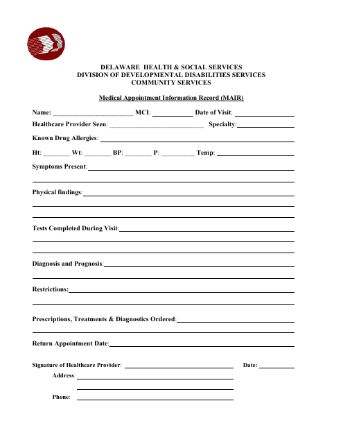Form 12 Medical Appointment Information Record (Mair) - Delaware