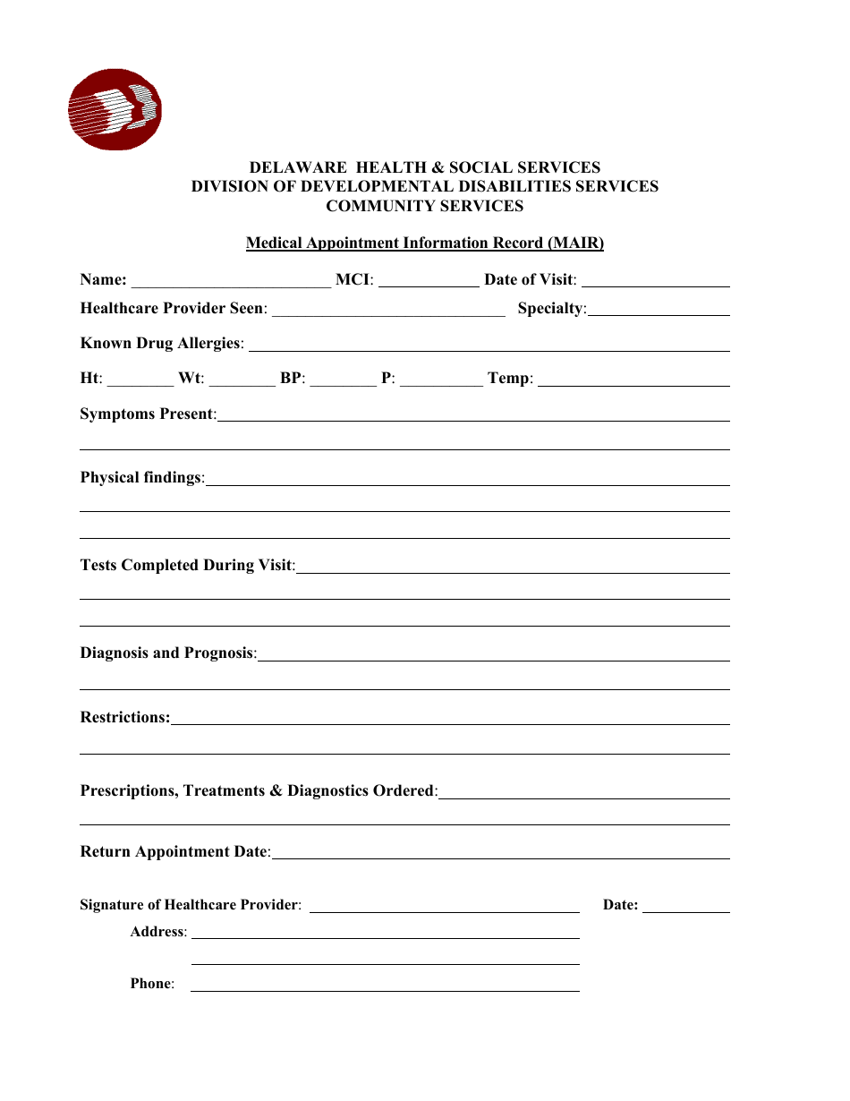 Form 12 Medical Appointment Information Record (Mair) - Delaware, Page 1