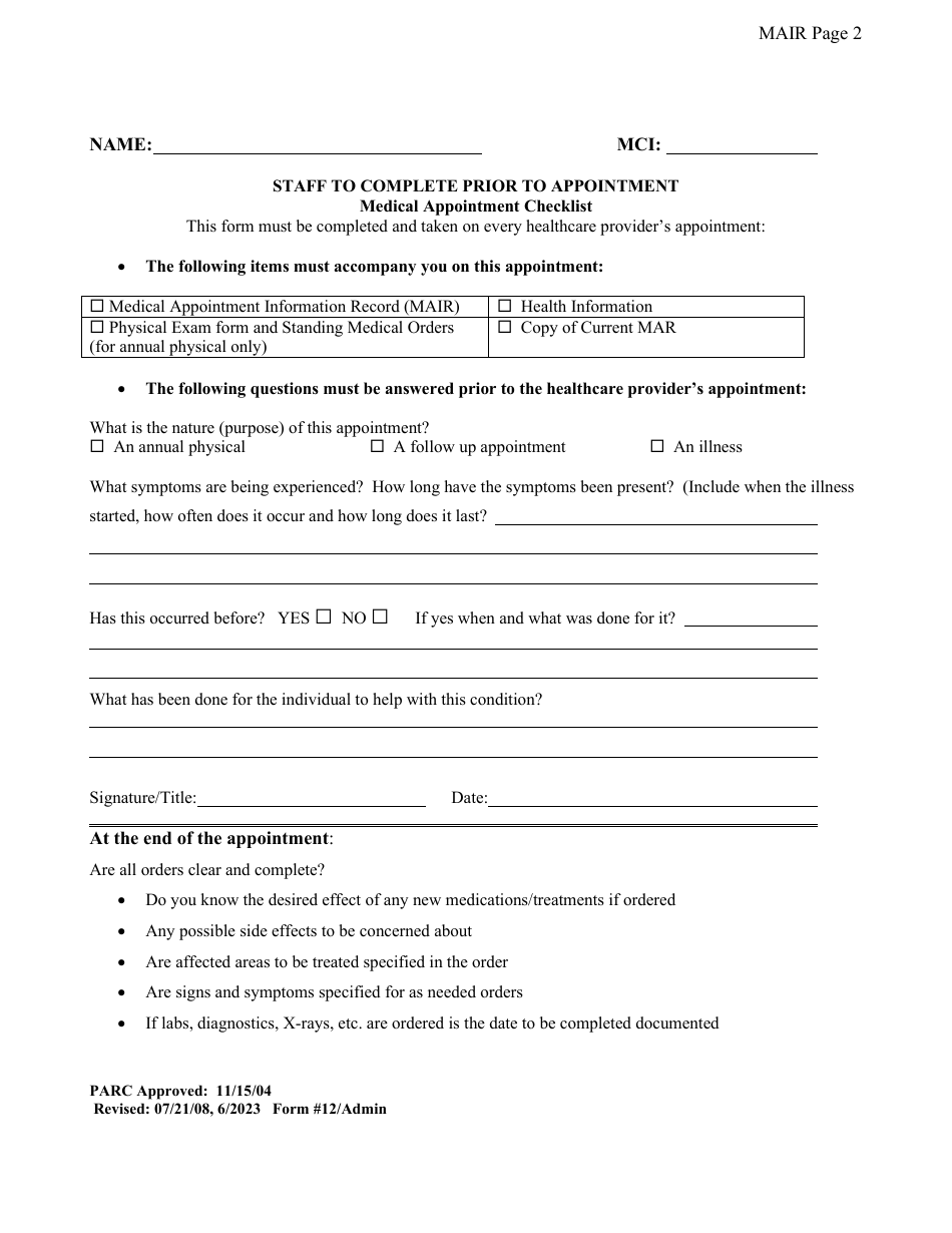 Form 12 Medical Appointment Information Record (Mair) - Delaware, Page 2