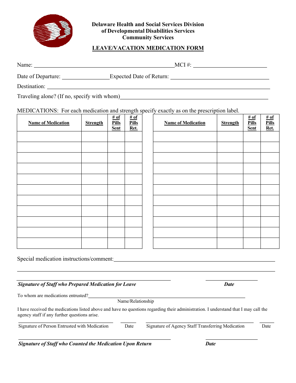 Delaware Leave/Vacation Medication Form Download Printable PDF ...