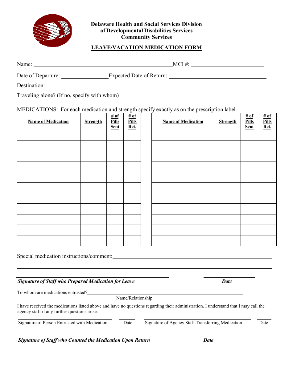 Leave / Vacation Medication Form - Delaware, Page 1