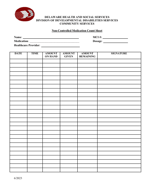 Non-controlled Medication Count Sheet - Delaware