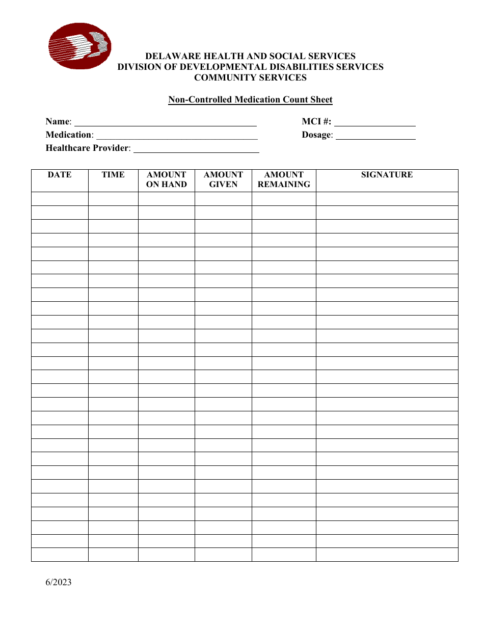 Non-controlled Medication Count Sheet - Delaware, Page 1