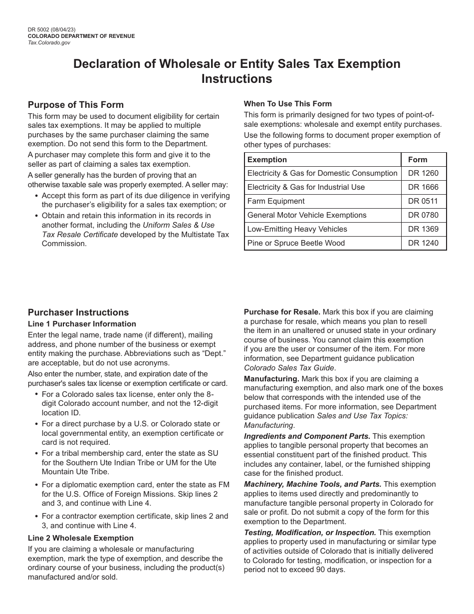 Form DR5002 Declaration of Wholesale or Entity Sales Tax Exemption - Colorado, Page 1