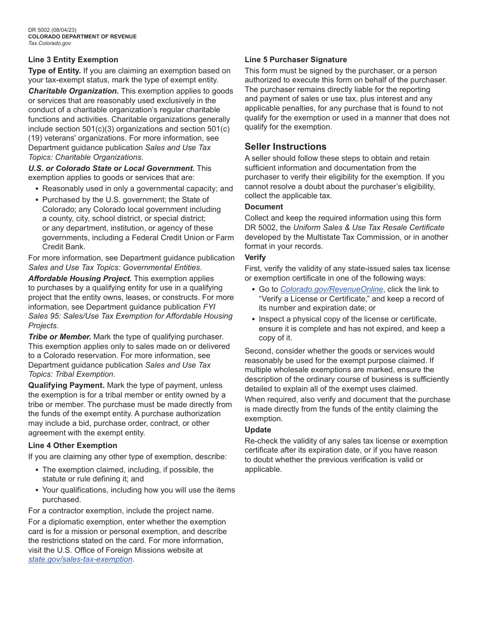 Form DR5002 Declaration of Wholesale or Entity Sales Tax Exemption - Colorado, Page 2