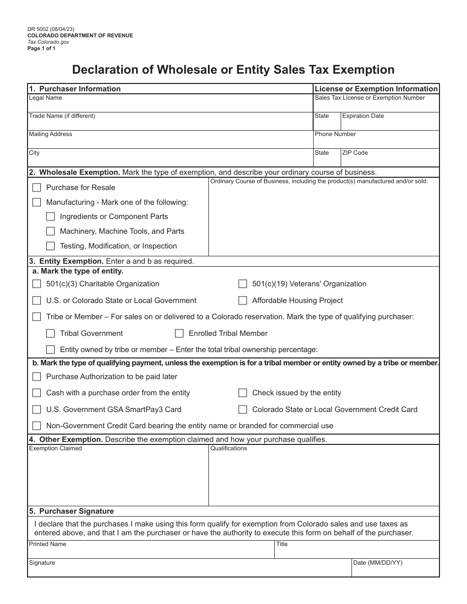 Form Dr5002 Download Fillable Pdf Or Fill Online Declaration Of Wholesale Or Entity Sales Tax 9560