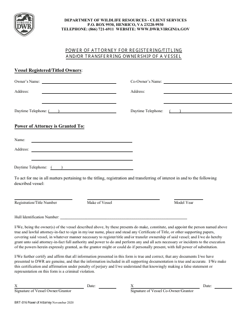 Form BRT-016 Power of Attorney for Registering/Titling and/or Transferring Ownership of a Vessel - Virginia