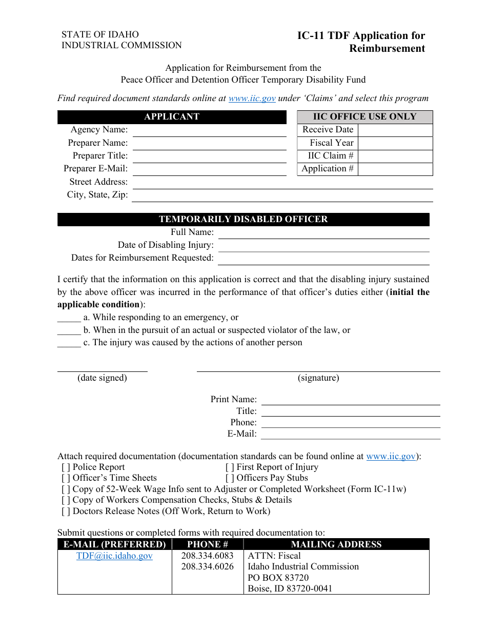 Form IC-11 Tdf Application for Reimbursement - Idaho, Page 1