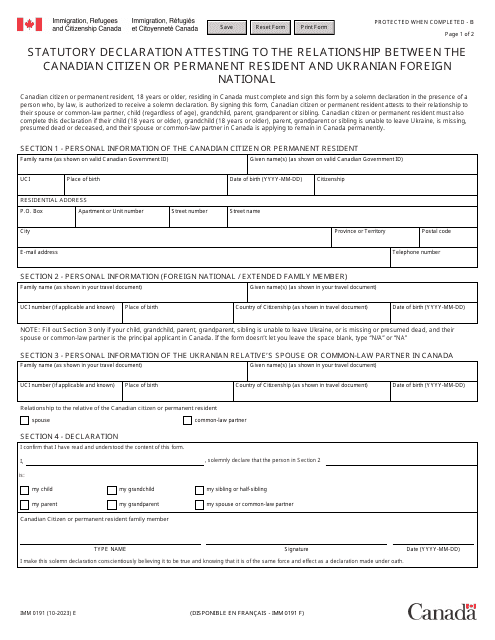 Form IMM0191 Statutory Declaration Attesting to the Relationship Between the Canadian Citizen or Permanent Resident and Ukranian Foreign National - Canada