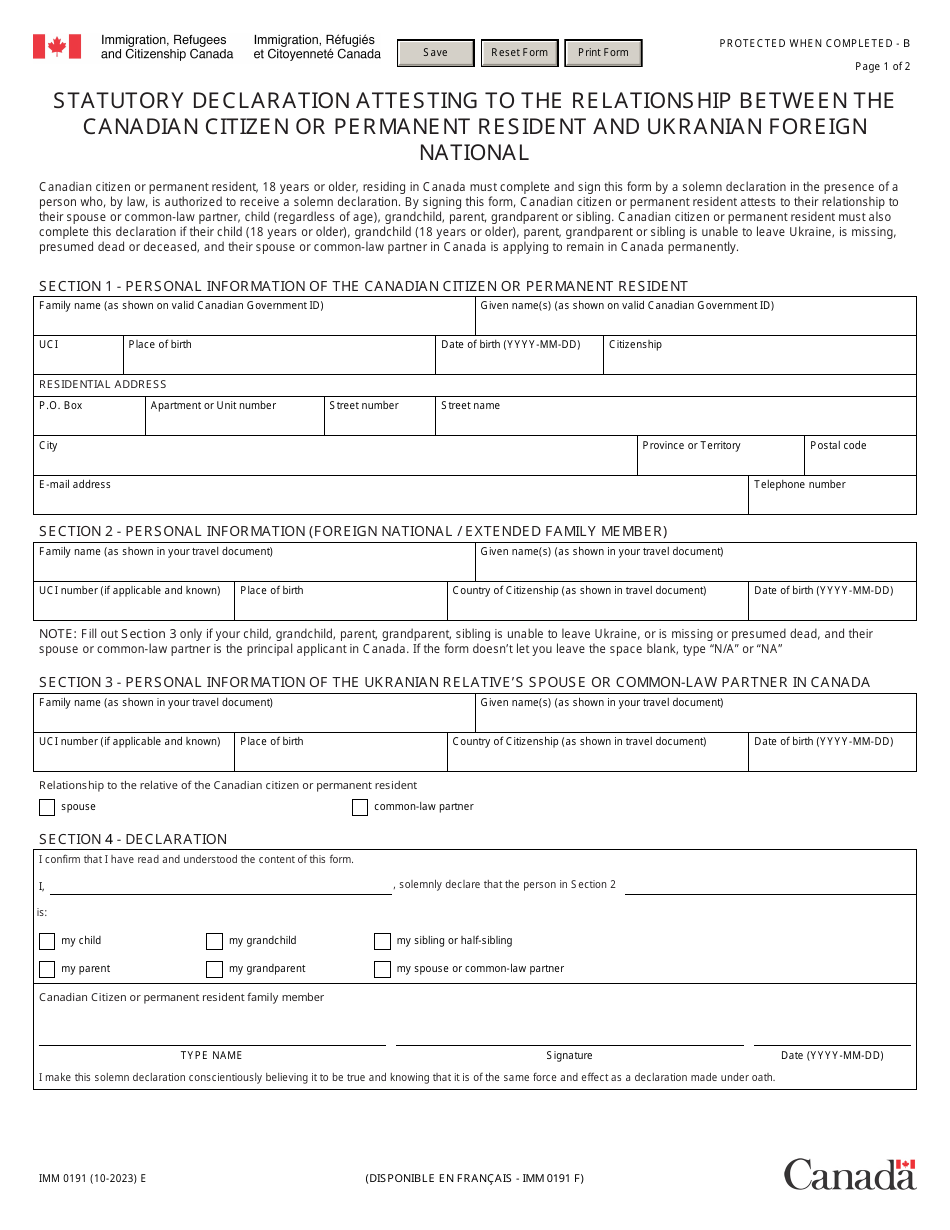Form IMM0191 Statutory Declaration Attesting to the Relationship Between the Canadian Citizen or Permanent Resident and Ukranian Foreign National - Canada, Page 1