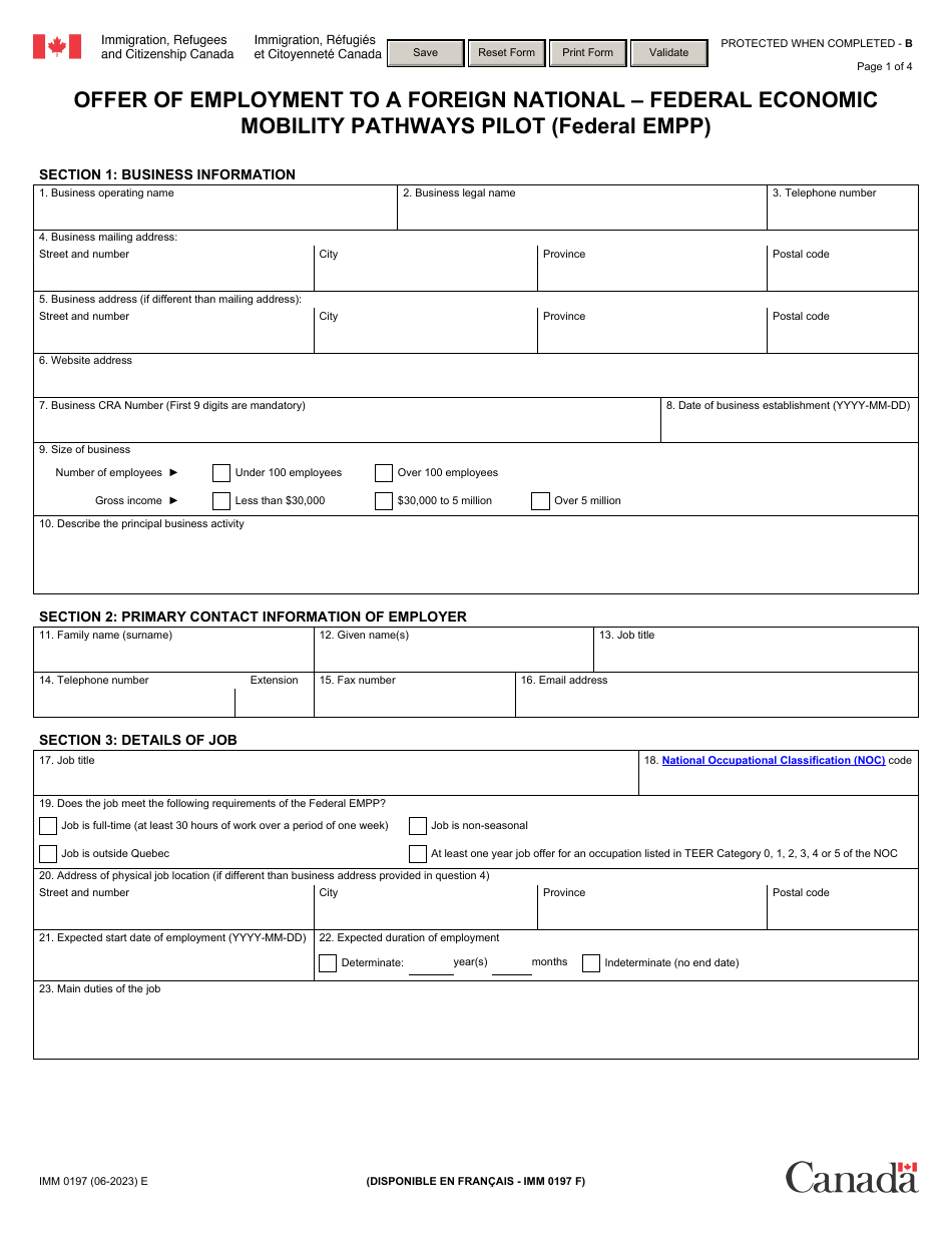 Form IMM0197 Offer of Employment to a Foreign National - Federal Economic Mobility Pathways Pilot (Federal Empp) - Canada, Page 1