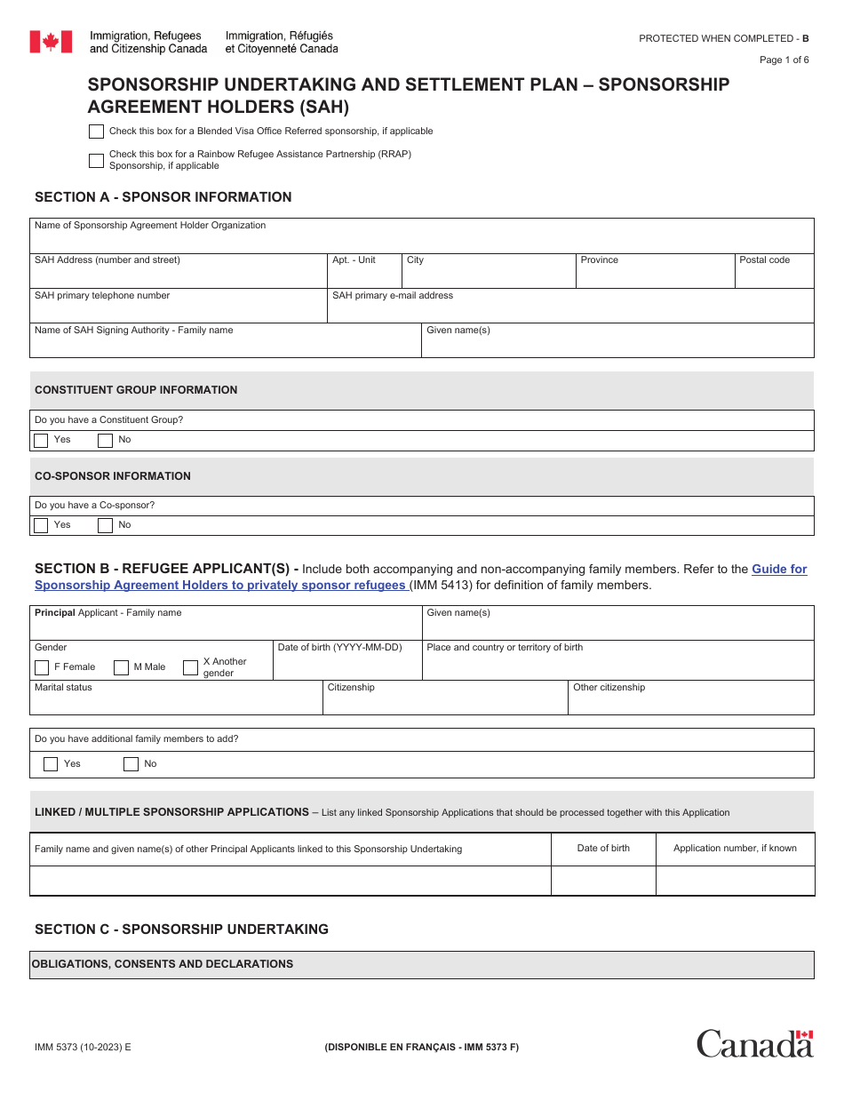 Form IMM5373 Sponsorship Undertaking and Settlement Plan - Sponsorship Agreement Holders (Sah) - Canada, Page 1