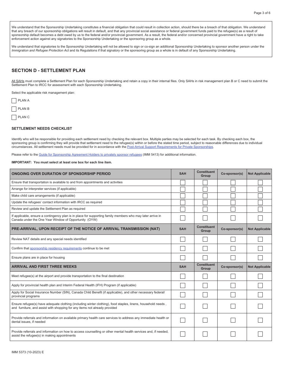Form IMM5373 Sponsorship Undertaking and Settlement Plan - Sponsorship Agreement Holders (Sah) - Canada, Page 3