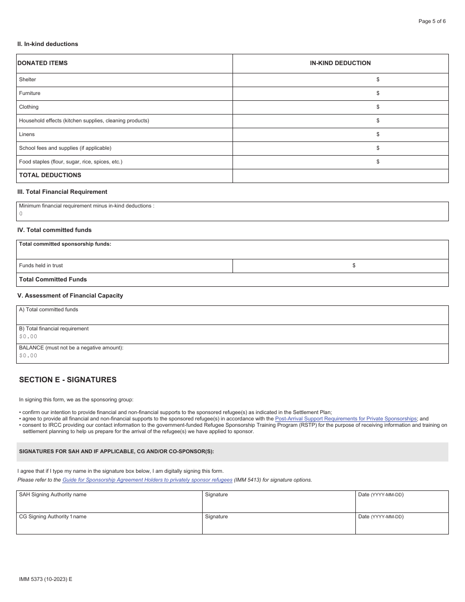 Form IMM5373 Sponsorship Undertaking and Settlement Plan - Sponsorship Agreement Holders (Sah) - Canada, Page 5