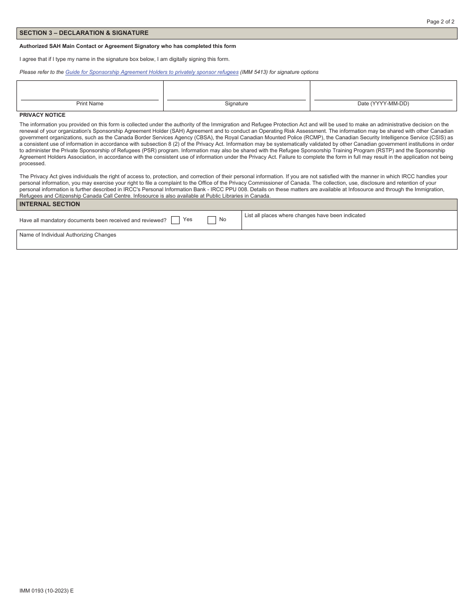 Form IMM0193 Sponsorship Agreement Holder (Sah) Change of Contact Form - Canada, Page 2