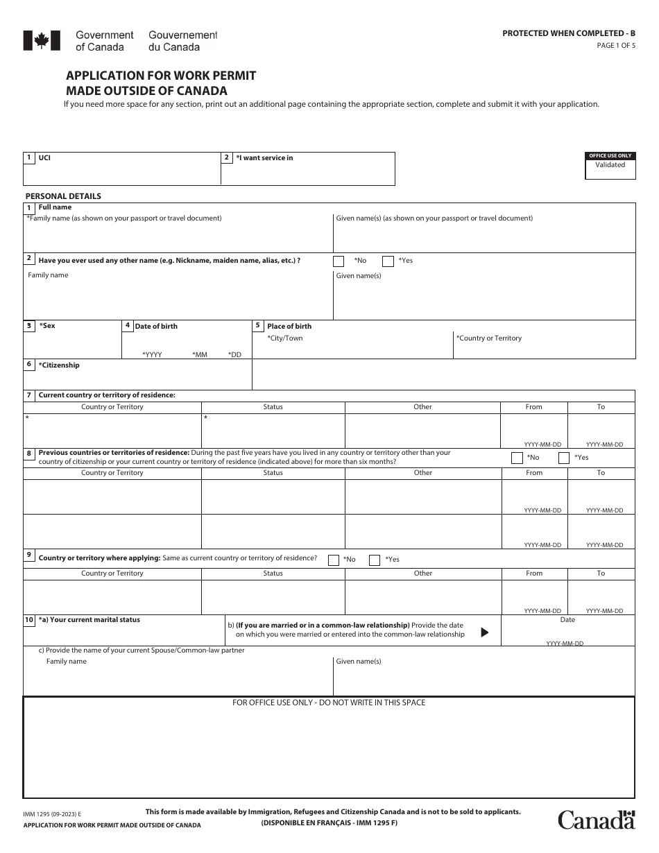 Form IMM1295 Application for Work Permit Made Outside of Canada - Canada, Page 1