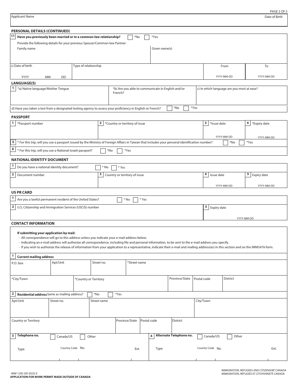 Form IMM1295 Application for Work Permit Made Outside of Canada - Canada, Page 2