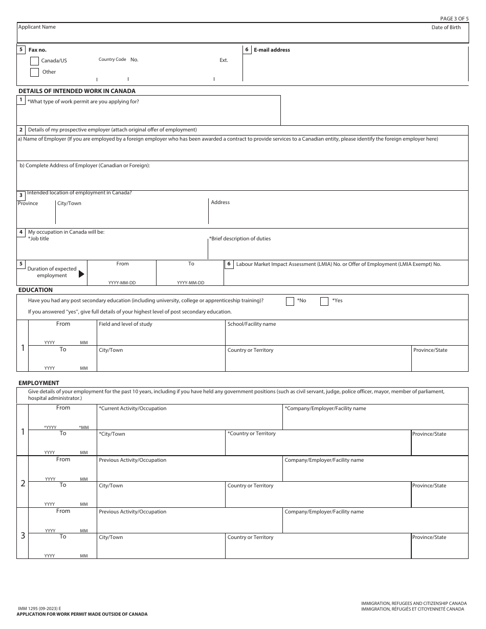 Form IMM1295 Application for Work Permit Made Outside of Canada - Canada, Page 3