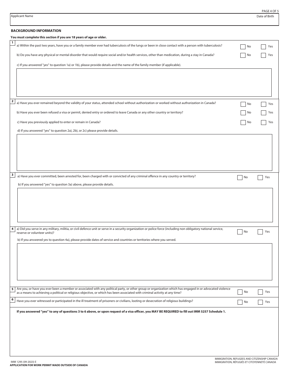 Form IMM1295 Application for Work Permit Made Outside of Canada - Canada, Page 4