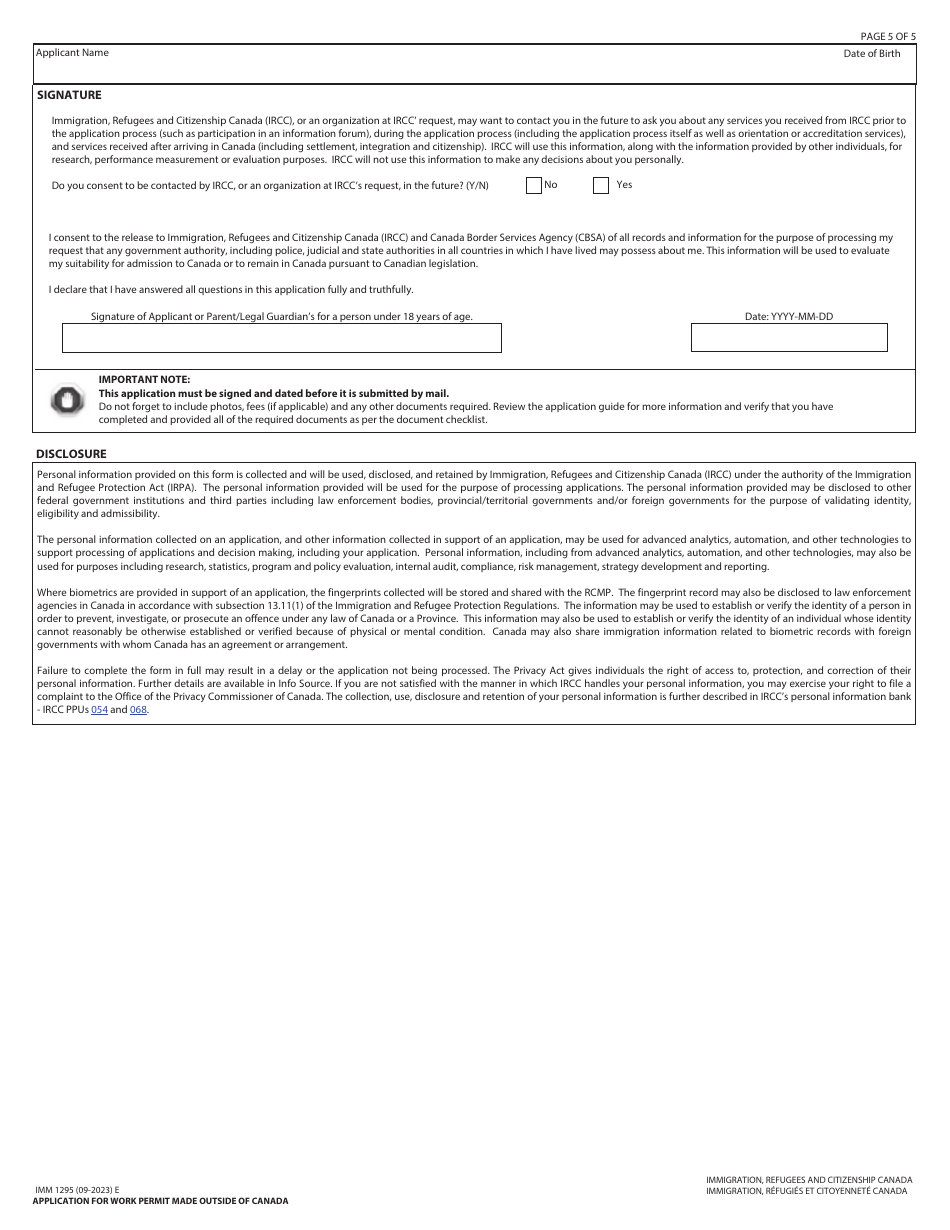 Form IMM1295 Application for Work Permit Made Outside of Canada - Canada, Page 5