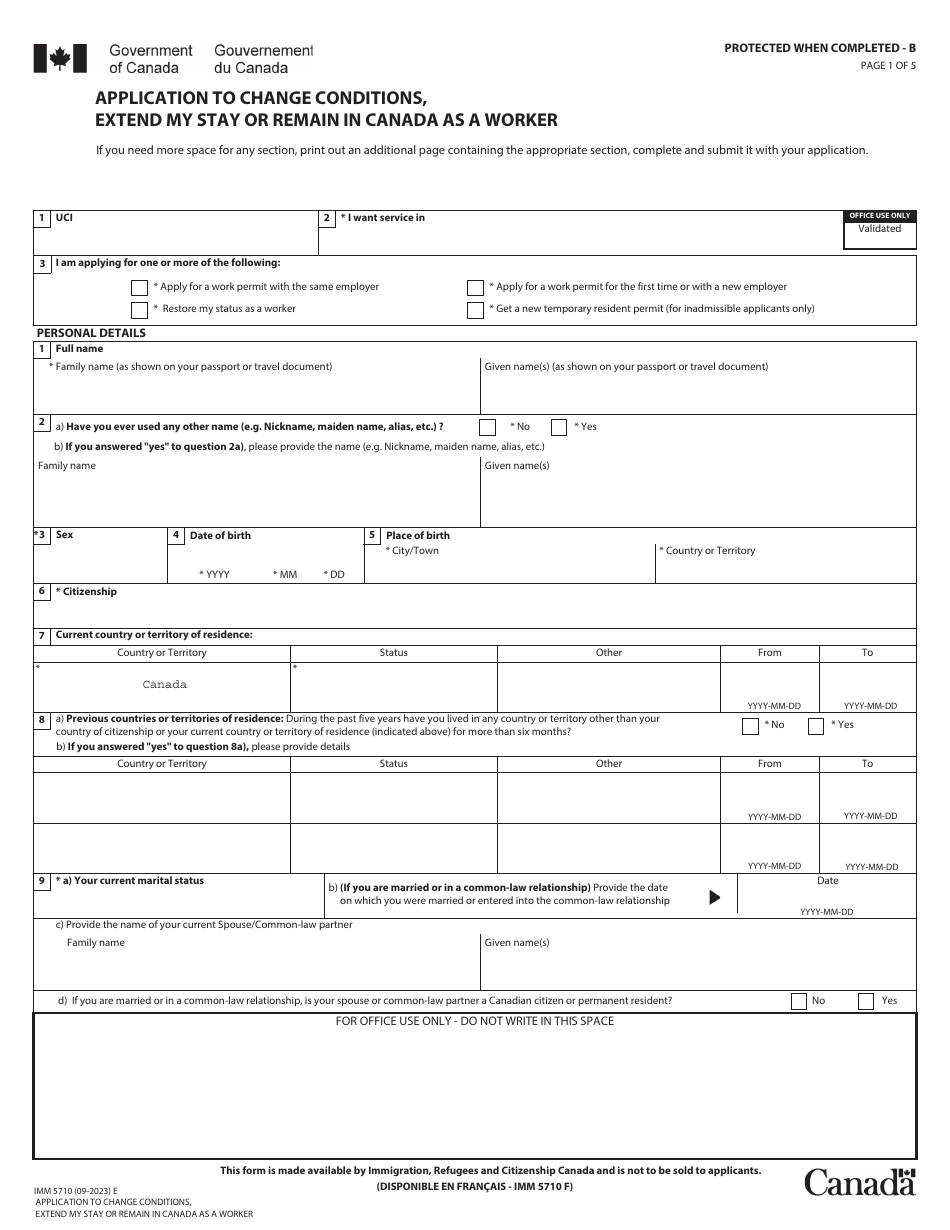 Form IMM5710 Application to Change Conditions, Extend My Stay or Remain in Canada as a Worker - Canada, Page 1