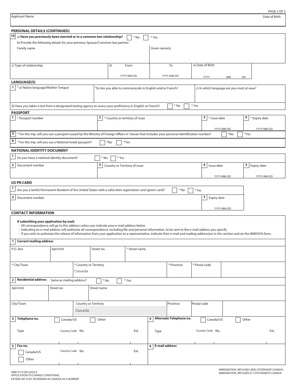 Form IMM5710 Download Fillable PDF Application to Change Conditions ...