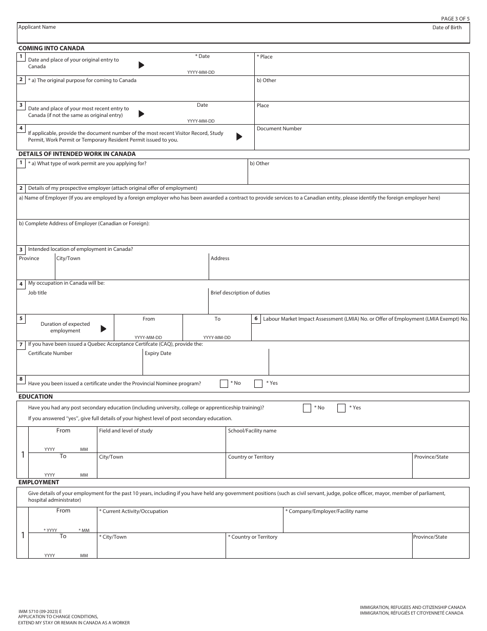 Form IMM5710 Download Fillable PDF Application to Change Conditions ...