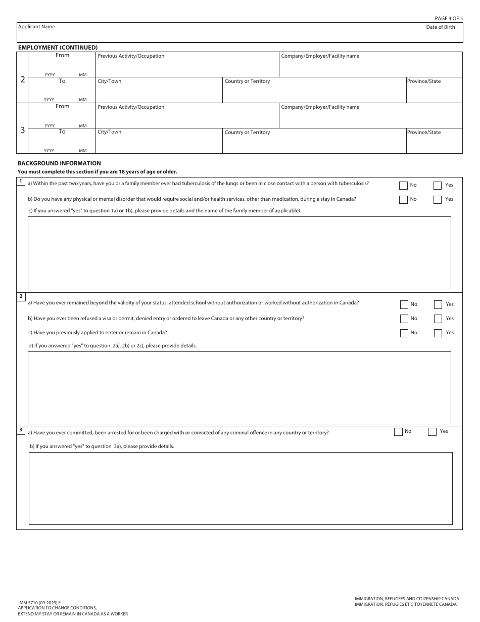 Form IMM5710 Application to Change Conditions, Extend My Stay or Remain in Canada as a Worker - Canada, Page 4