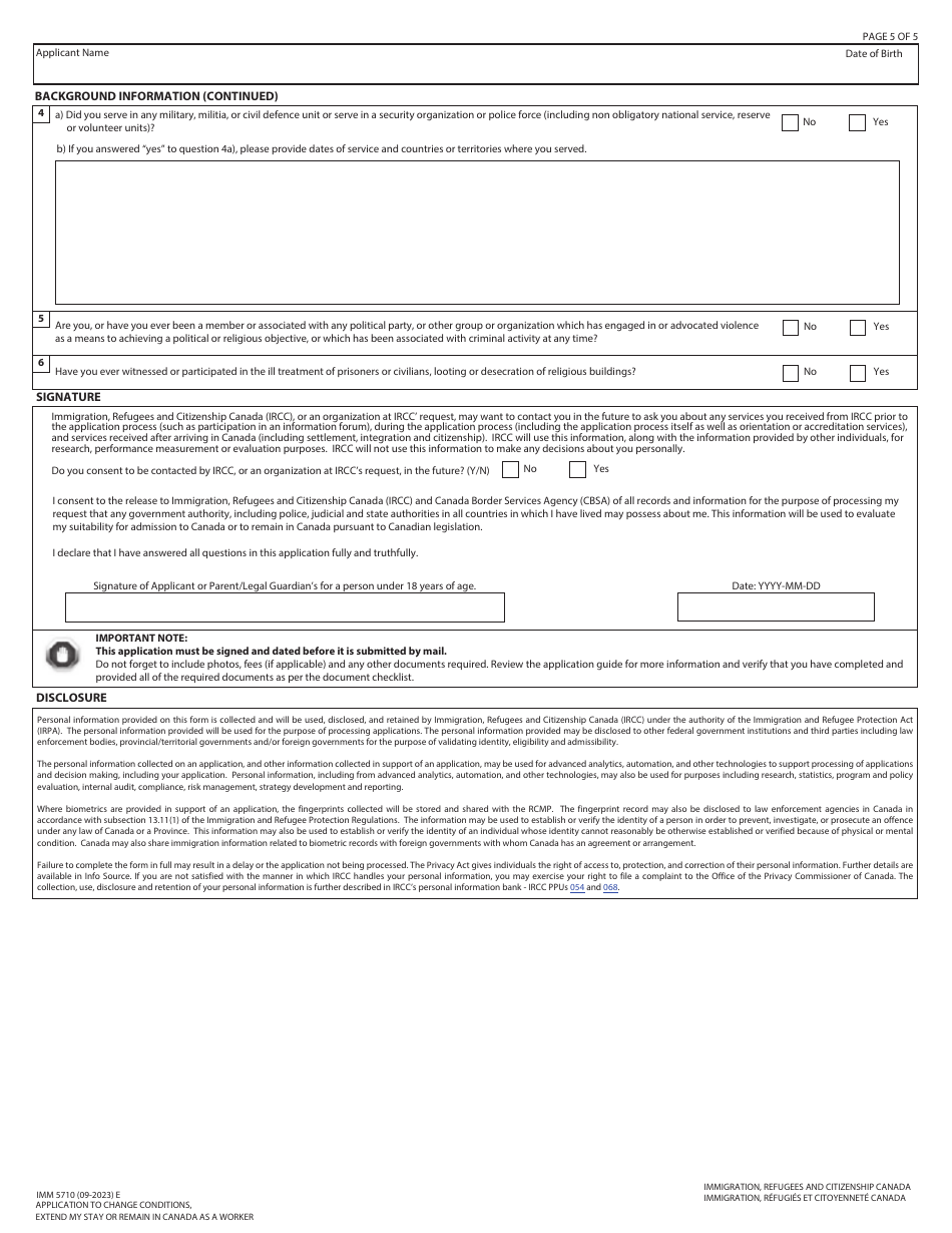 Form IMM5710 Application to Change Conditions, Extend My Stay or Remain in Canada as a Worker - Canada, Page 5