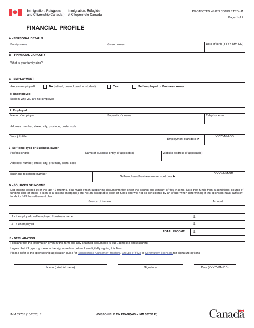 Form IMM5373B Financial Profile - Canada