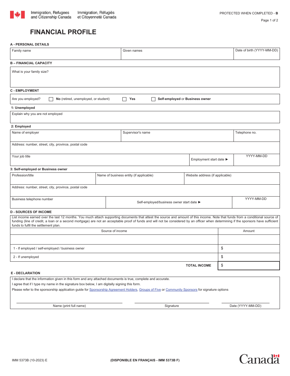 Form IMM5373B Financial Profile - Canada, Page 1