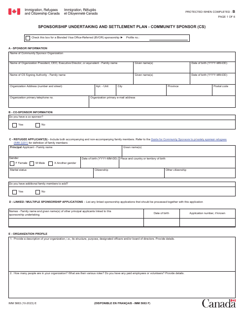 Form IMM5663 Sponsorship Undertaking and Settlement Plan - Community Sponsor (Cs) - Canada