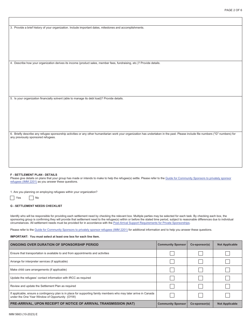 Form IMM5663 Sponsorship Undertaking and Settlement Plan - Community Sponsor (Cs) - Canada, Page 2