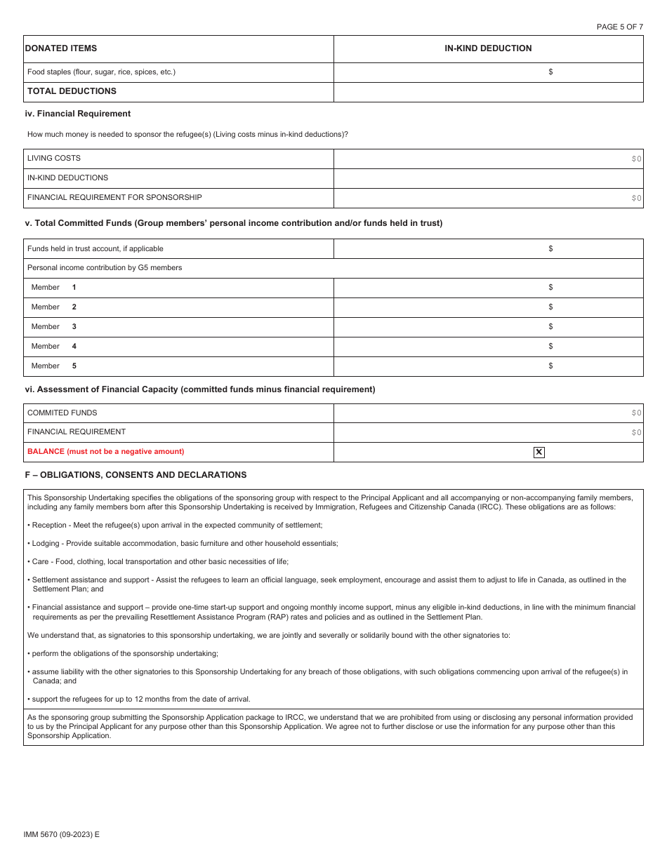 Form IMM5670 Sponsorship Undertaking and Settlement Plan - Groups of Five - Canada, Page 5