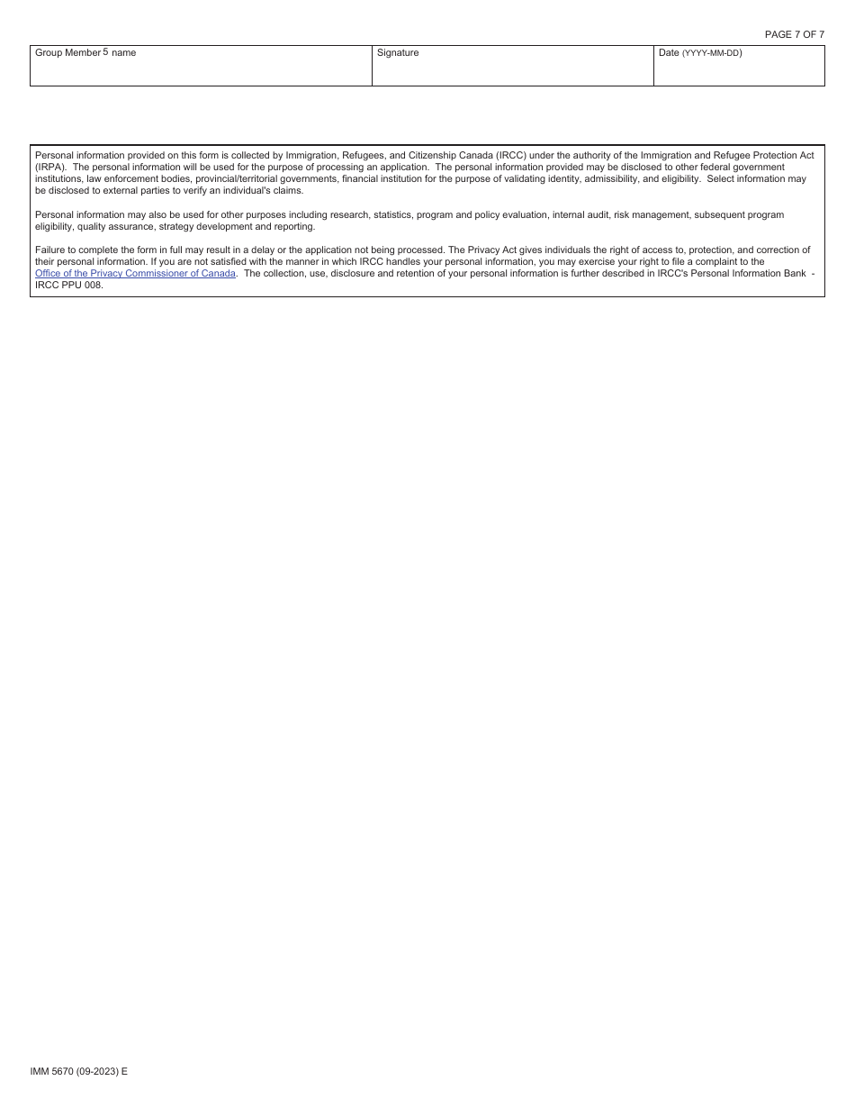 Form IMM5670 Sponsorship Undertaking and Settlement Plan - Groups of Five - Canada, Page 7