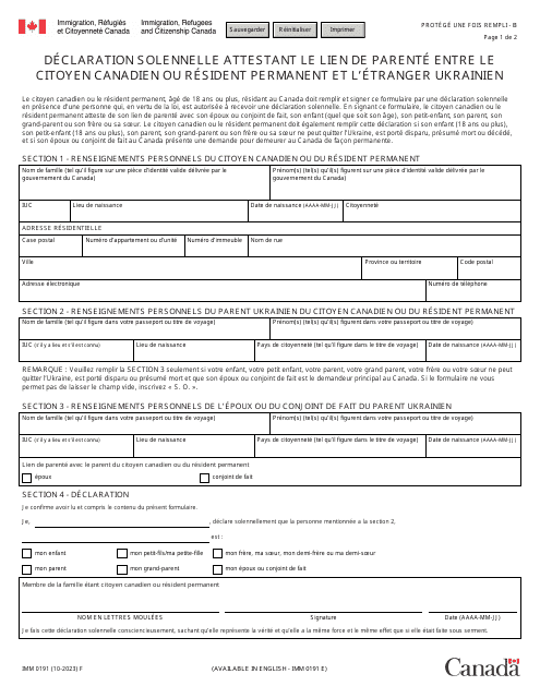 Forme IMM0191 Declaration Solennelle Attestant Le Lien De Parente Entre Le Citoyen Canadien Ou Resident Permanent Et L'etranger Ukrainien - Canada (French)