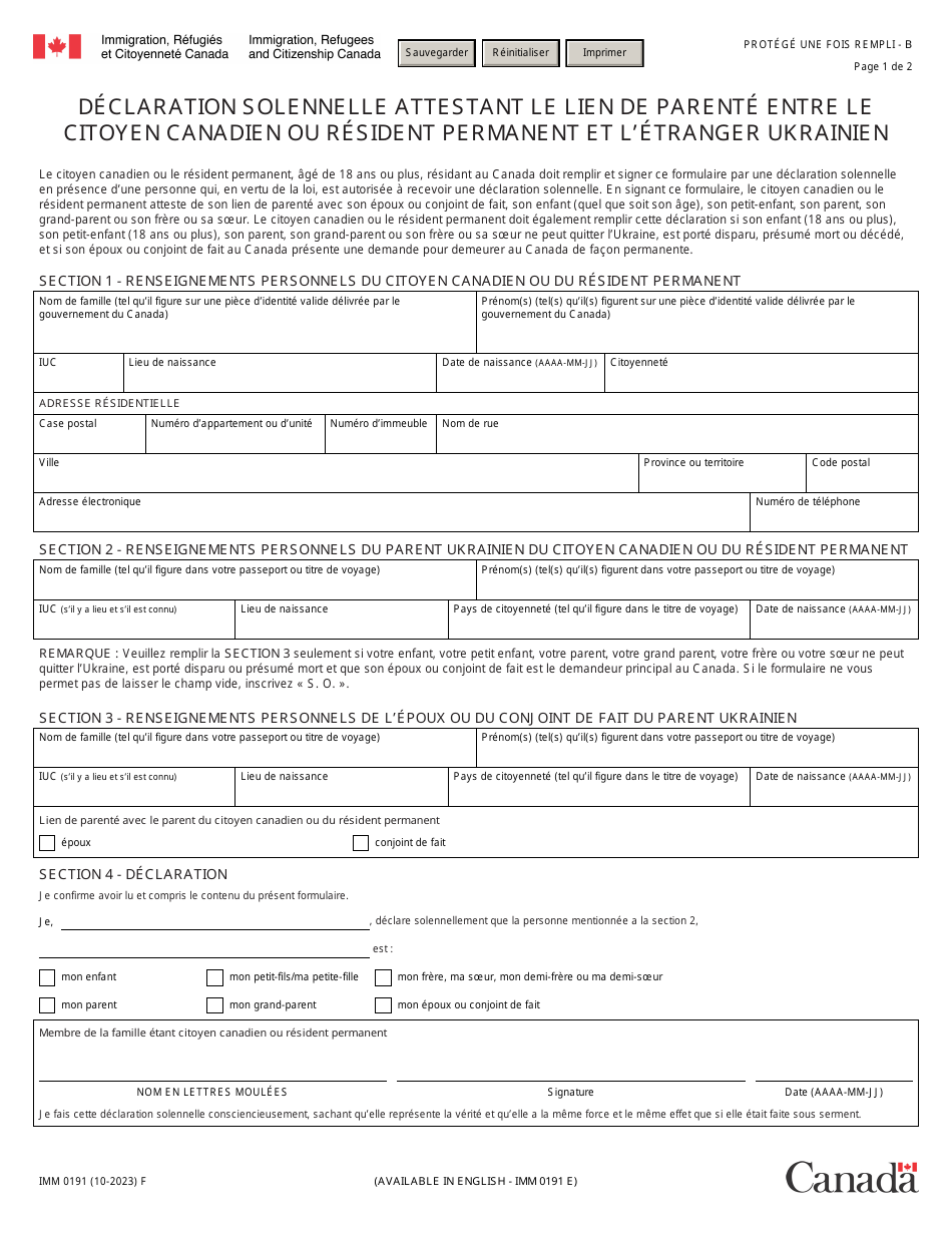 Forme IMM0191 Declaration Solennelle Attestant Le Lien De Parente Entre Le Citoyen Canadien Ou Resident Permanent Et Letranger Ukrainien - Canada (French), Page 1