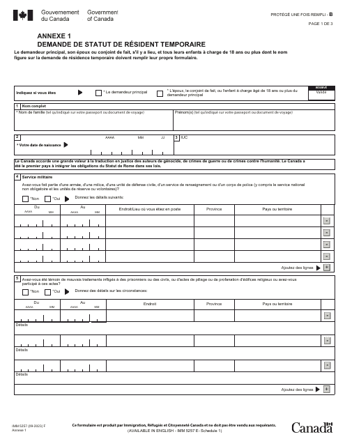 Form IMM5257 Schedule 1 Demande De Statut De Resident Temporaire - Canada