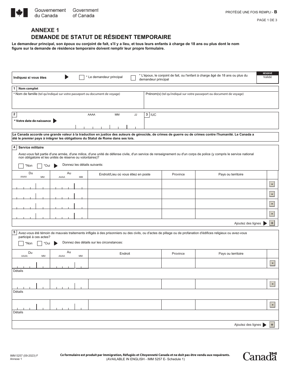 Form IMM5257 Schedule 1 Demande De Statut De Resident Temporaire - Canada, Page 1