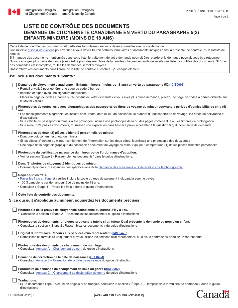 Forme CIT0008 Liste De Controle DES Documents: Demande De Citoyennete Canadienne En Vertu Du Paragraphe 5(2) - Enfant Mineurs (Moins De 18 Ans) - Canada (French), Page 1