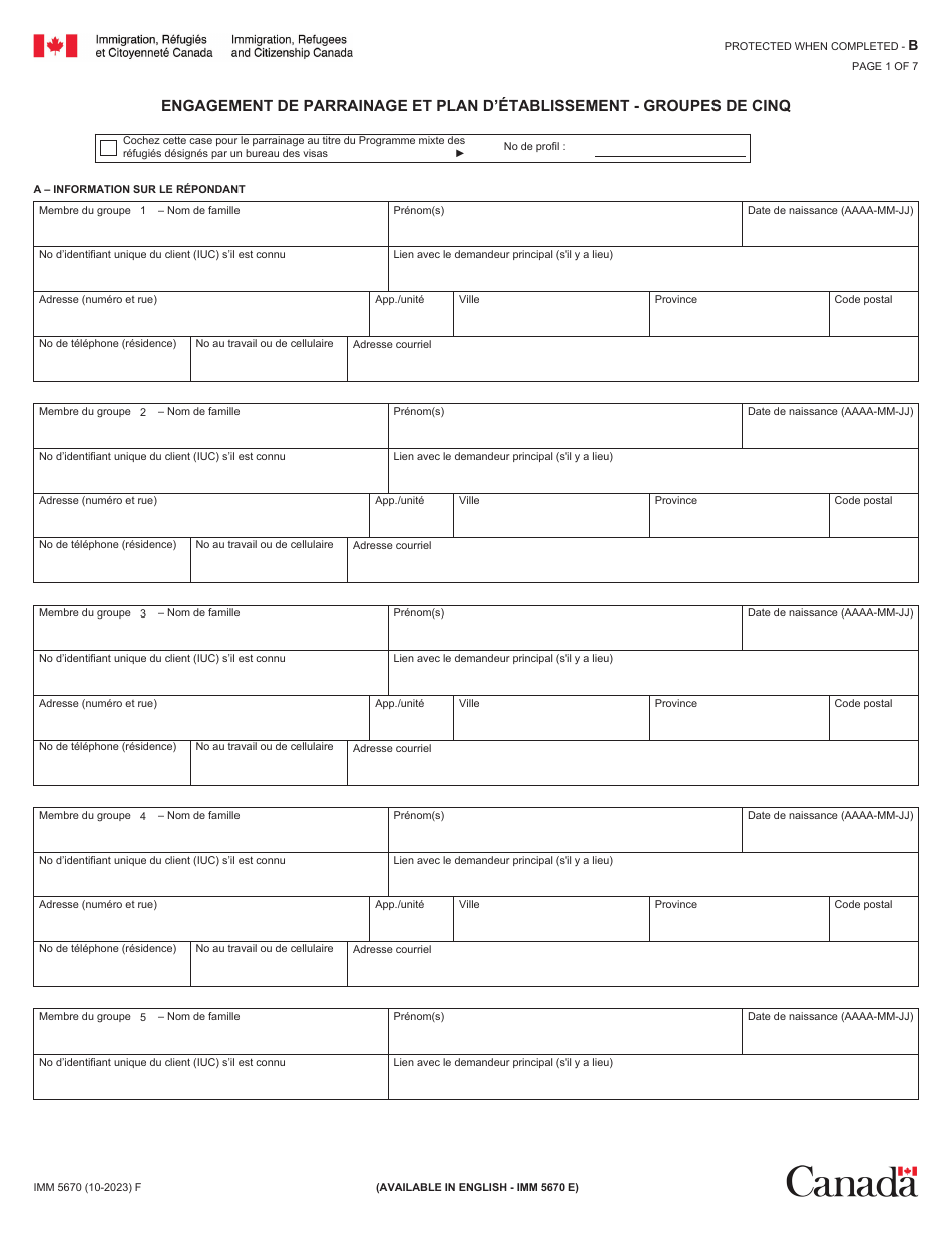 Forme IMM5670 Engagement De Parrainage Et Plan Detablissement - Groupes De Cinq - Canada (French), Page 1