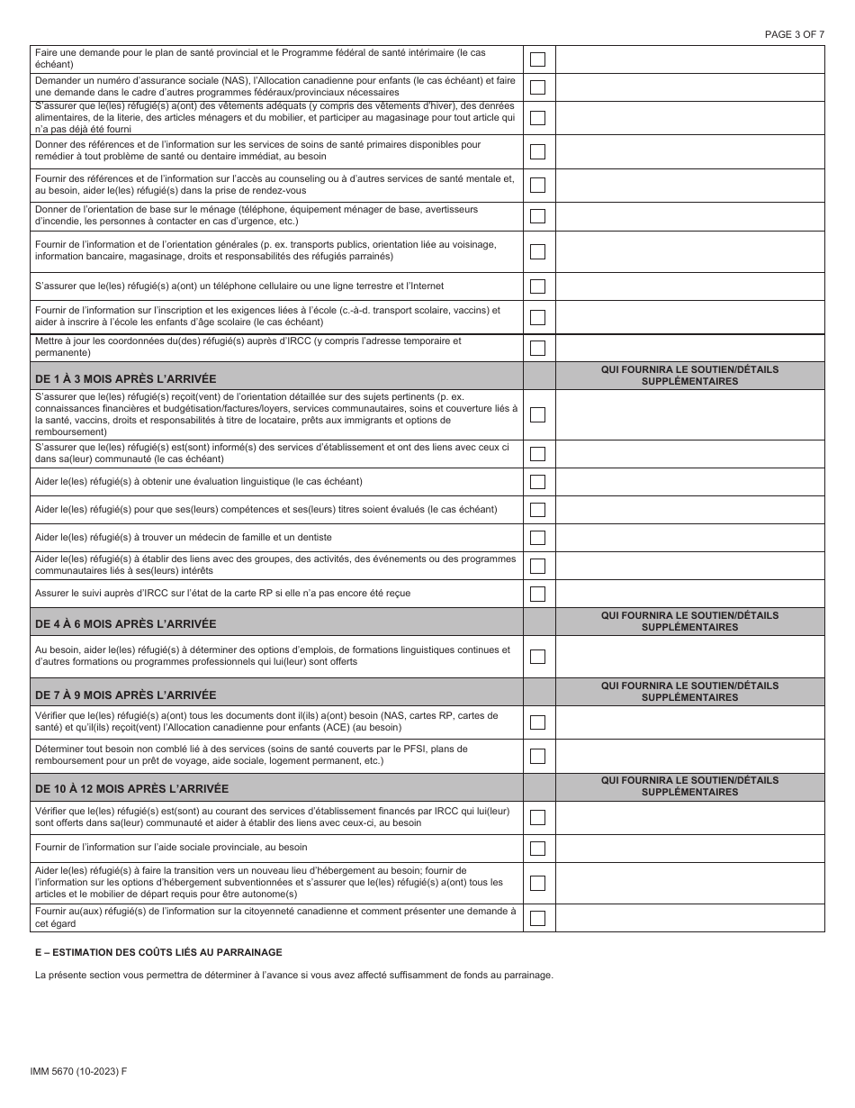 Forme IMM5670 Engagement De Parrainage Et Plan Detablissement - Groupes De Cinq - Canada (French), Page 3